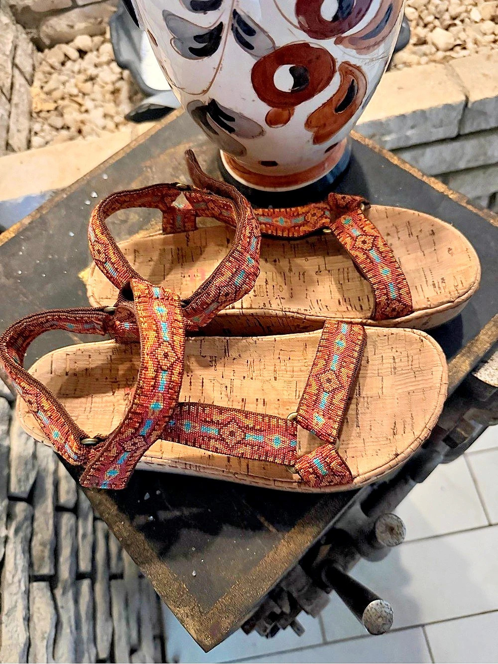 Born Sirena Geometric Strap Wedge Sandals Brown & Orange